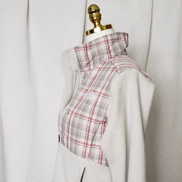 The North Face Retro Denali fleece jacket with red grey off-white plaid women's - Picture 8 of 16